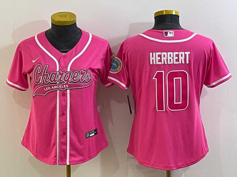 Womens Los Angeles Chargers #10 Justin Herbert Pink With Patch Cool Base Stitched Baseball Jersey